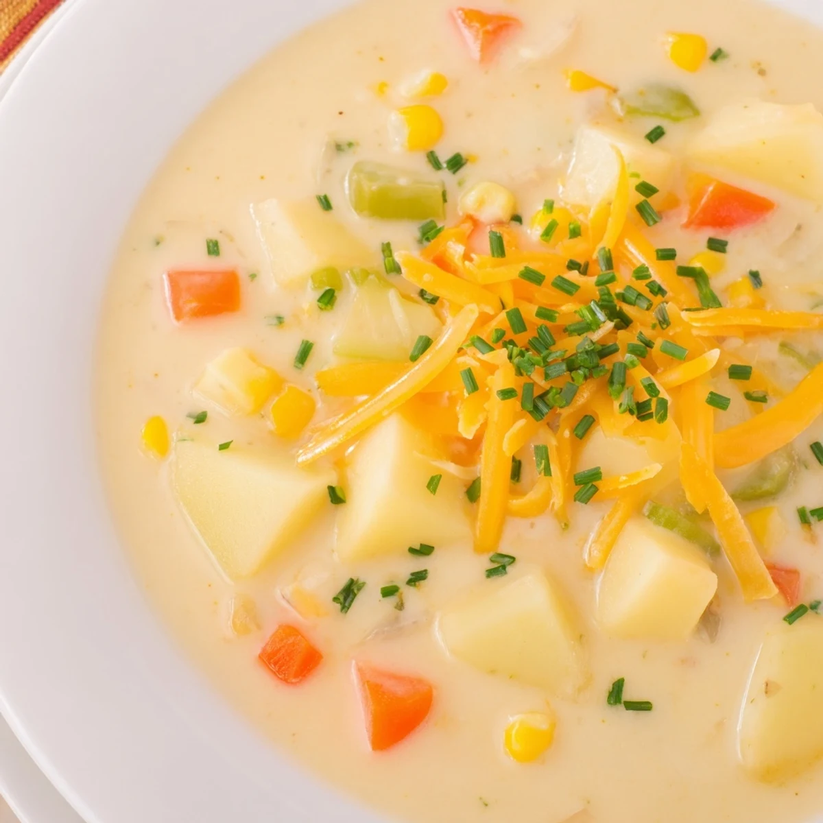Vibrant bowl of creamy corn chowder with potatoes, topped with crispy bacon bits and herbs, ready to enjoy on a cool evening.