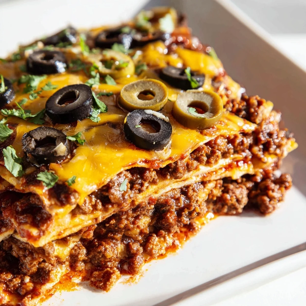A slice of Beef Enchilada Casserole with Cheese lifts out of the pan, revealing layers of seasoned beef, soft corn tortillas, and bubbling melted cheddar and Monterey Jack.  