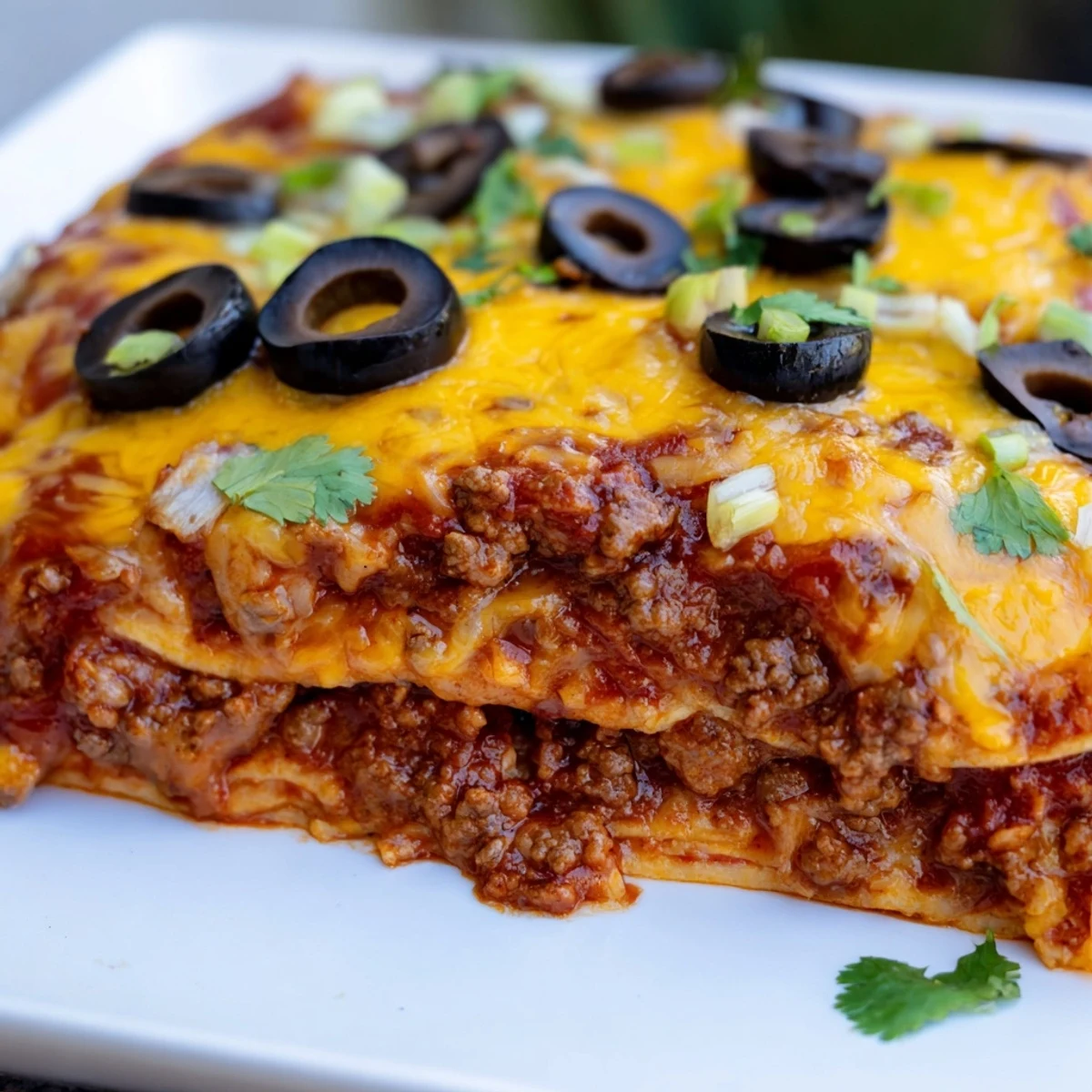 Beef Enchilada Casserole with Cheese is served on a white plate with a dollop of sour cream and fresh cilantro, perfect for a cozy Tex-Mex family dinner.  
