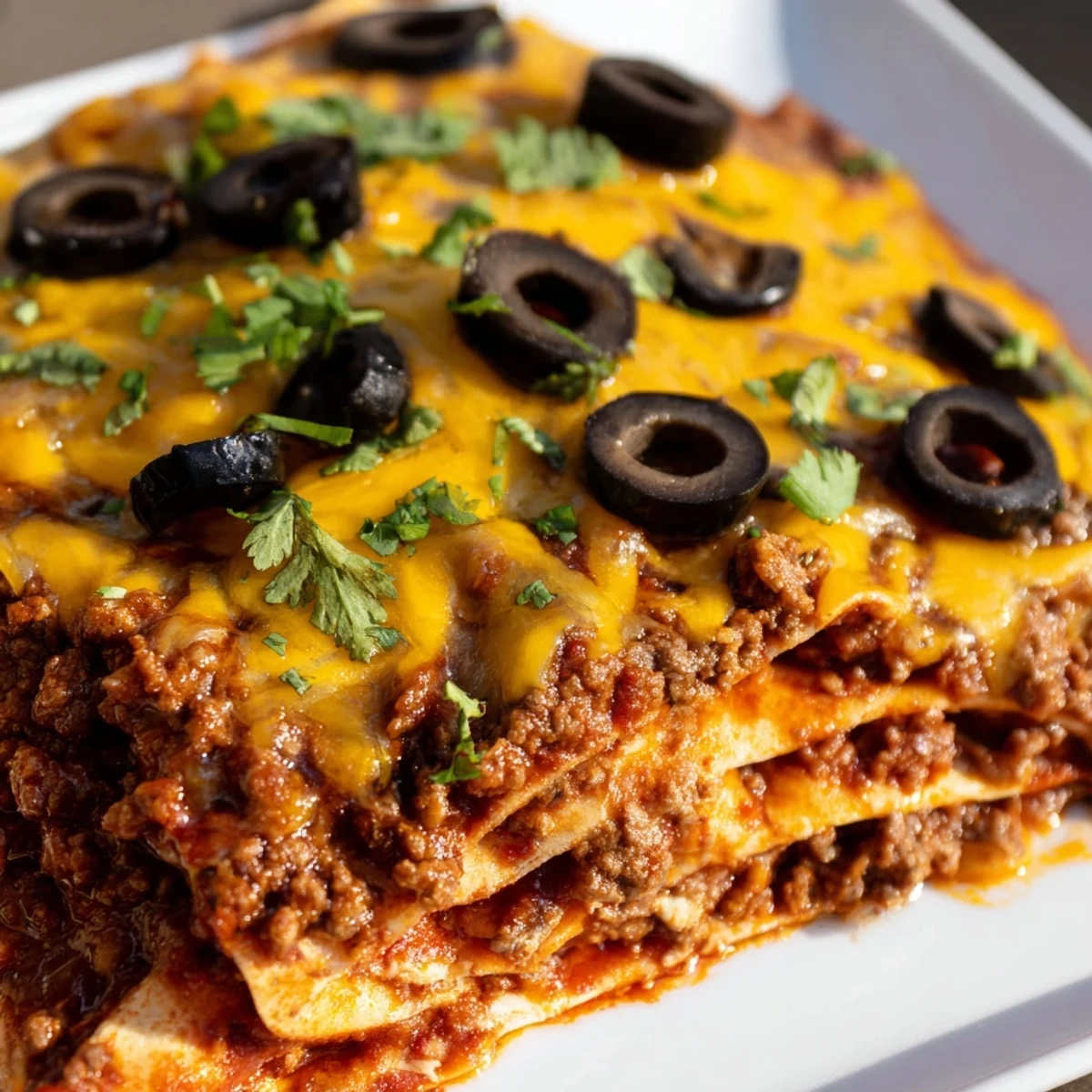 Freshly baked Beef Enchilada Casserole with Cheese in a 9x13 dish, topped with sliced black olives and golden, bubbly cheese, ready for a crowd-pleasing meal.