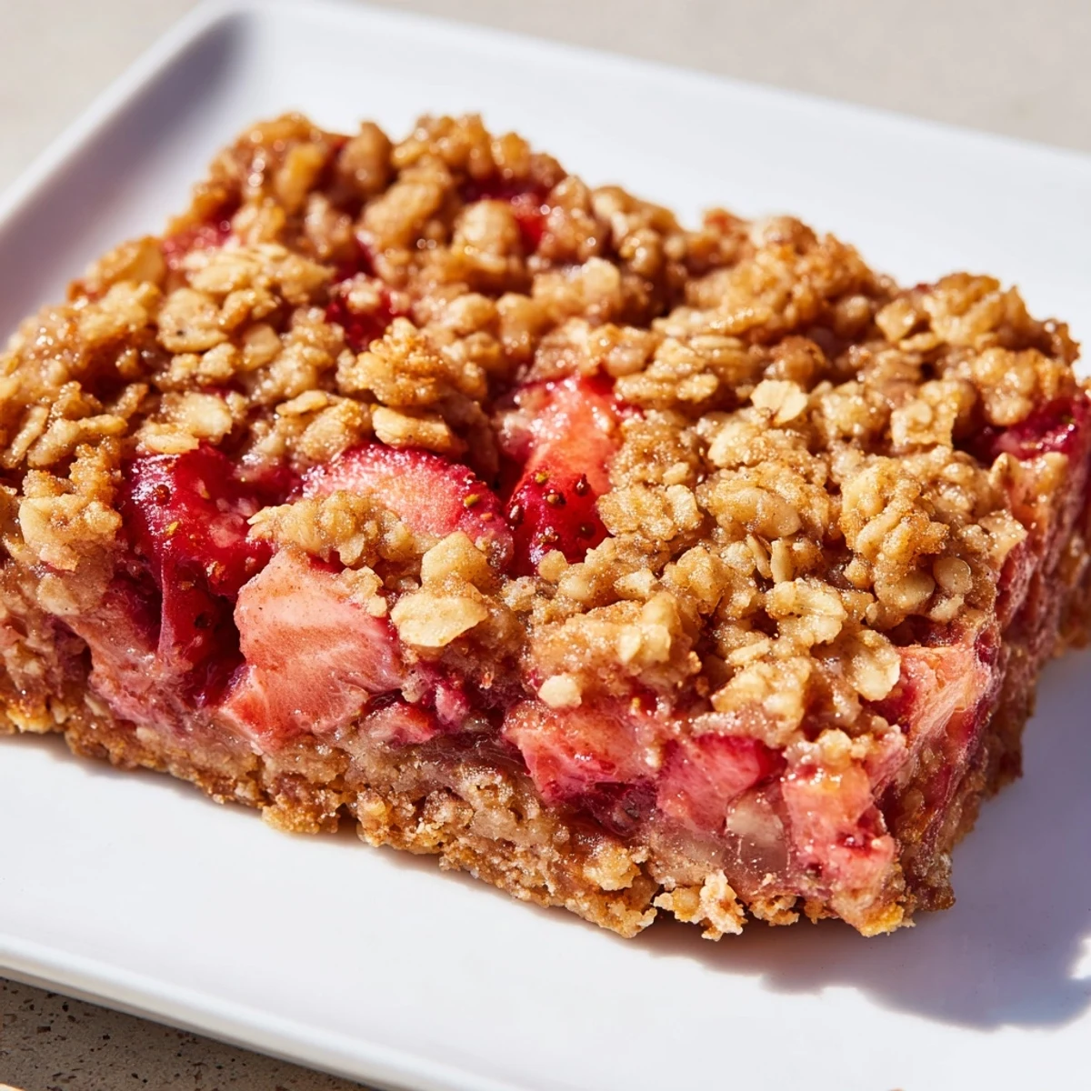 Golden-brown Strawberry Rhubarb Crumble Bars reveal bubbling pink fruit filling and crumbly oat topping on a cooling rack.  