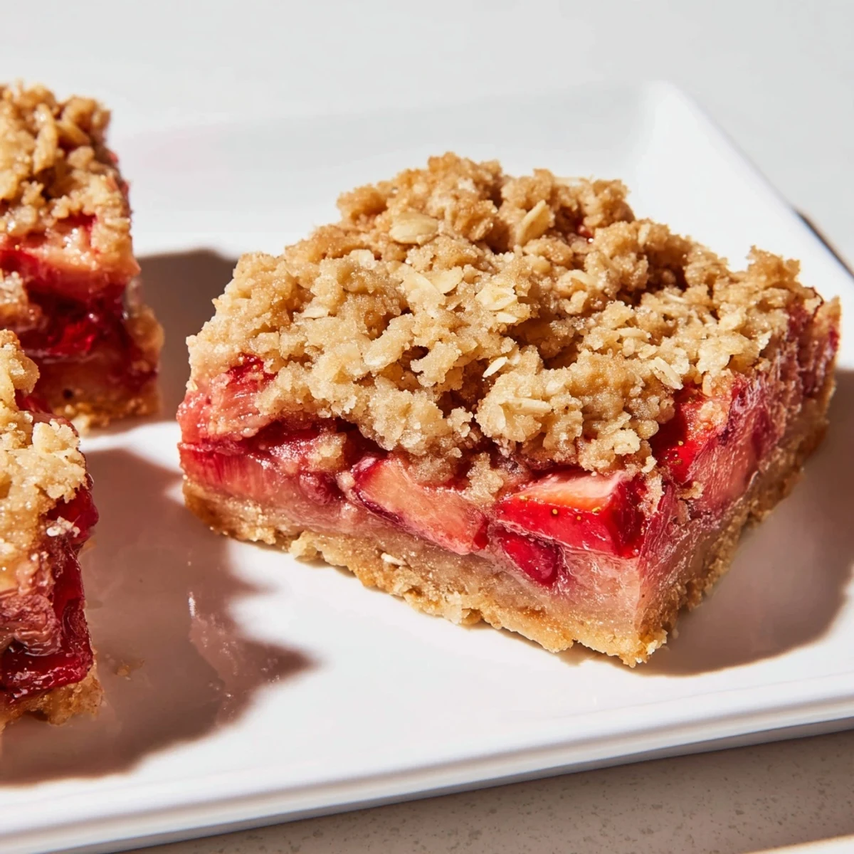 Freshly baked Strawberry Rhubarb Crumble Bars serve as a spring dessert, with a spoon of vanilla ice cream melting on top.