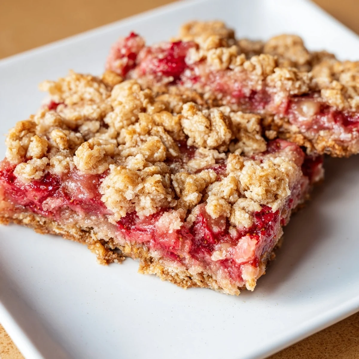 Warm Strawberry Rhubarb Crumble Bars are cut into squares, highlighting the sweet-tart filling and buttery oat crust layers.  