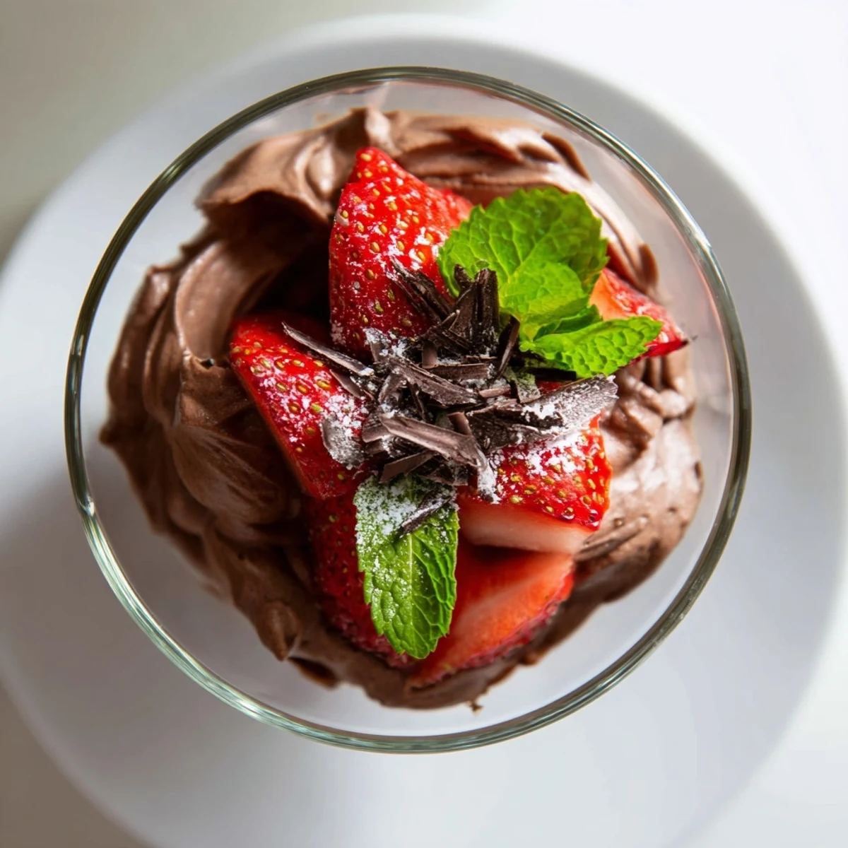 A close-up of Chocolate Mousse with Strawberries in a glass, featuring a velvety texture and a crown of fresh, glistening berries.