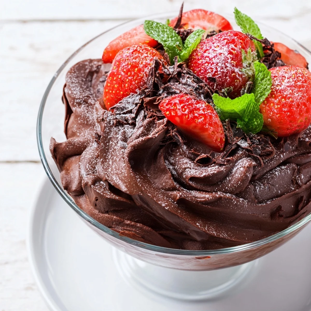 Elegant French Chocolate Mousse with Strawberries served in a coupe glass, garnished with chocolate shavings and halved strawberries on a rustic table.
