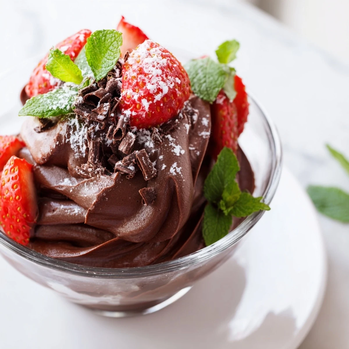 Spoonful of airy Chocolate Mousse with Strawberries topped with a mint leaf, revealing the dessert’s soft peaks and rich, dark chocolate color.
