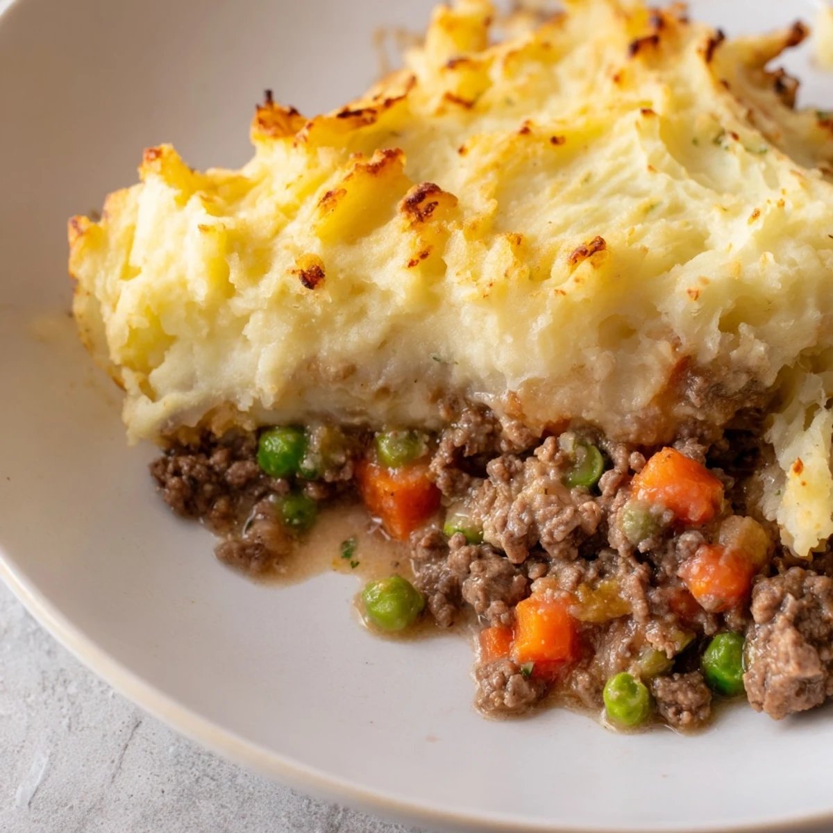 A hearty slice of Beef Shepherds Pie with Cheddar Mash reveals layers of savory beef and creamy golden potatoes.