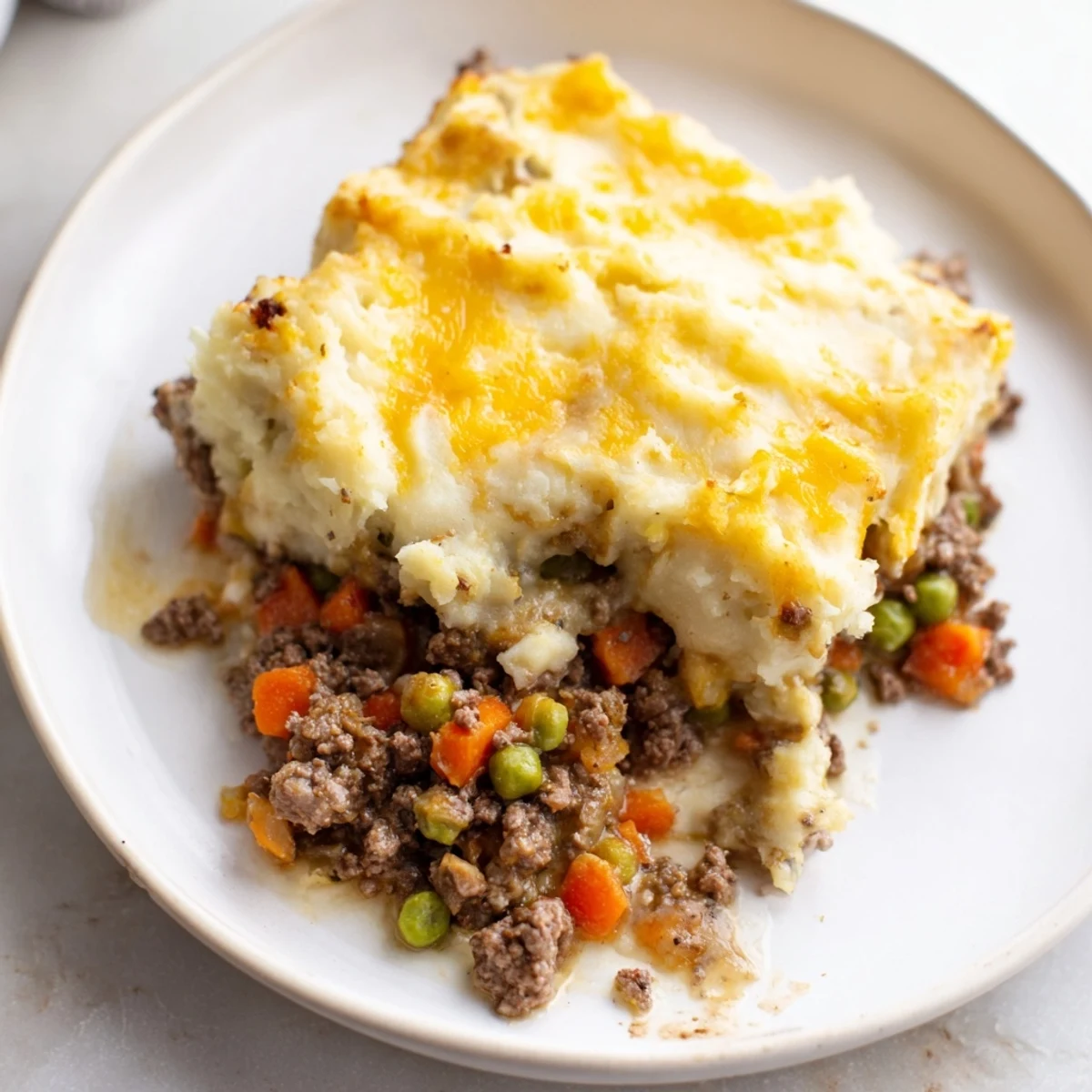 Beef Shepherds Pie with Cheddar Mash served in a white bowl, topped with a generous sprinkle of fresh parsley.