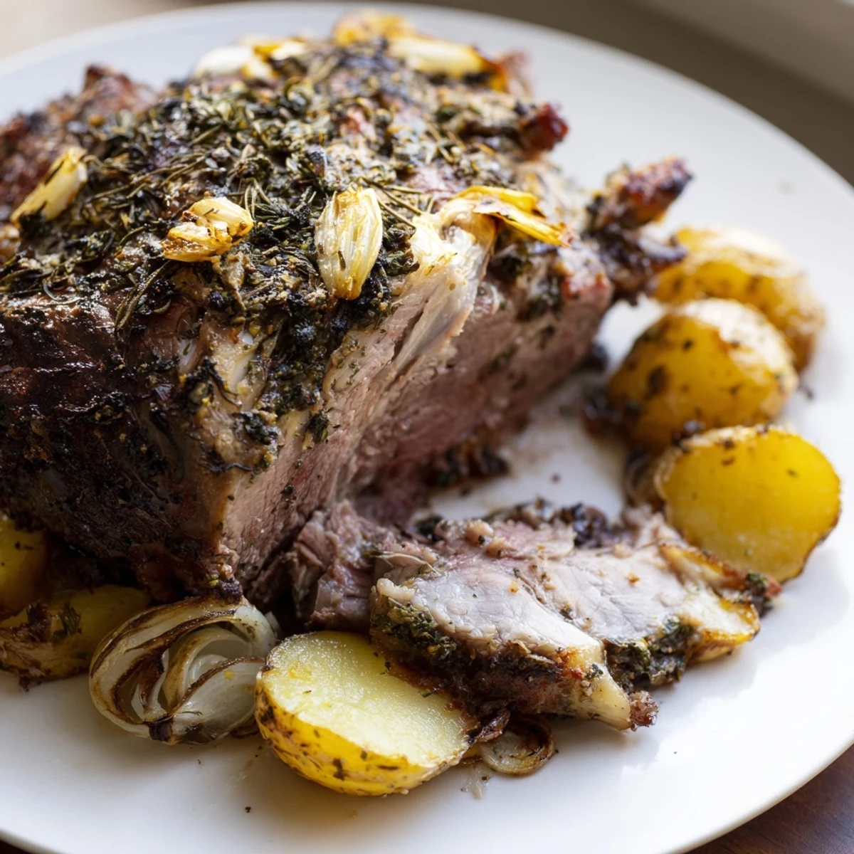 A perfectly roasted leg of lamb with herb crust, served alongside golden, crispy potatoes on a festive platter.