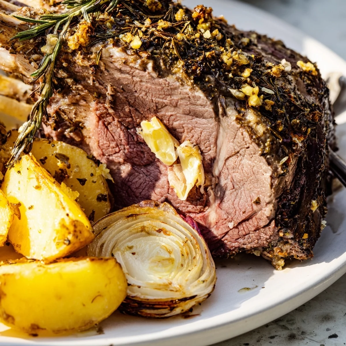 Golden potatoes and sliced onions roasted beside a tender leg of lamb, resting with pan juices for serving.