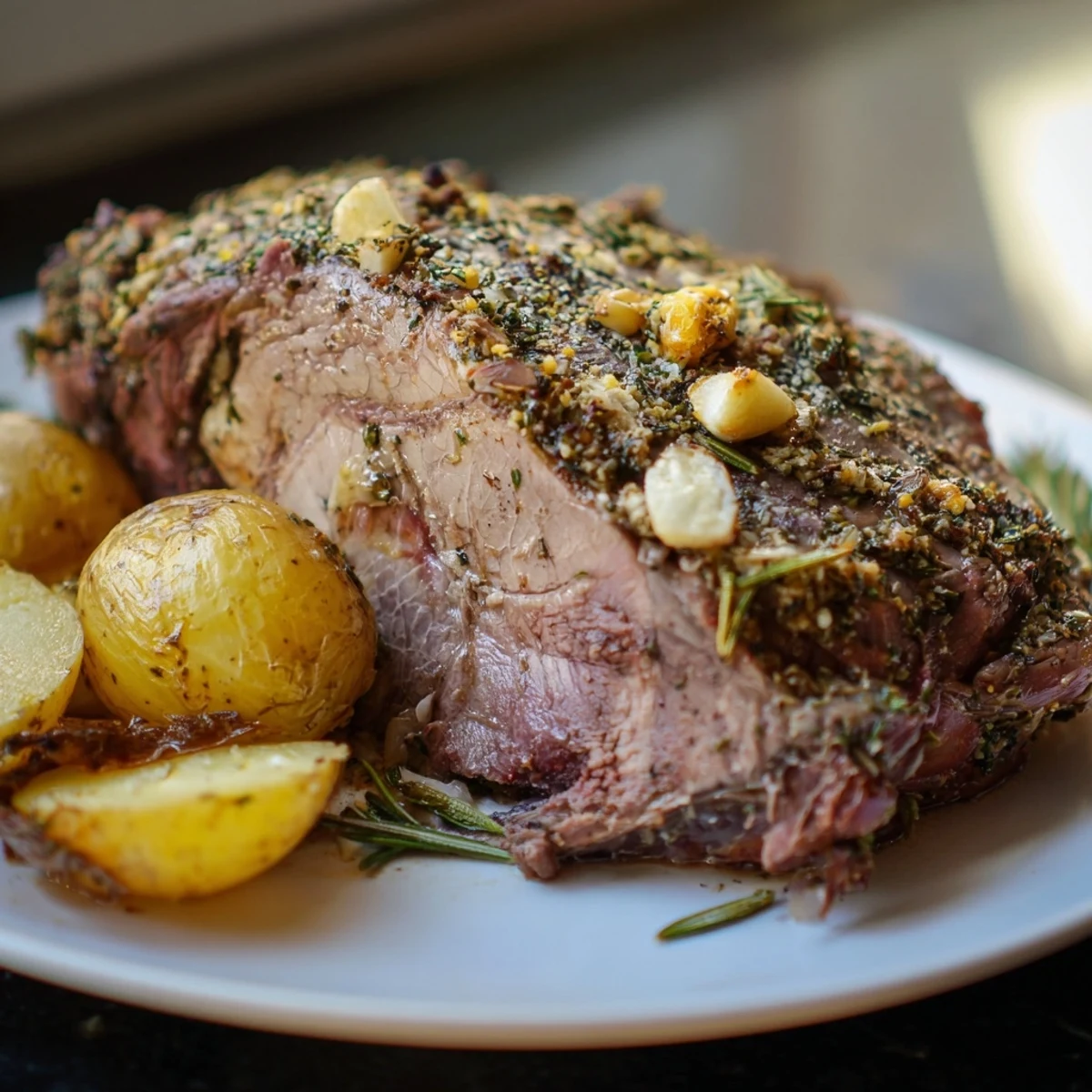Herb-crusted leg of lamb carved with a sharp knife, served with roasted potatoes and onions for a family dinner.