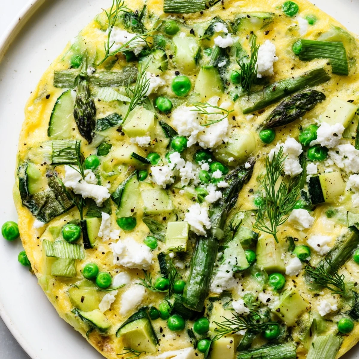 Golden-brown Spring Vegetable Frittata with Herbs, brimming with tender asparagus, spinach, and peas in a cast-iron skillet.  