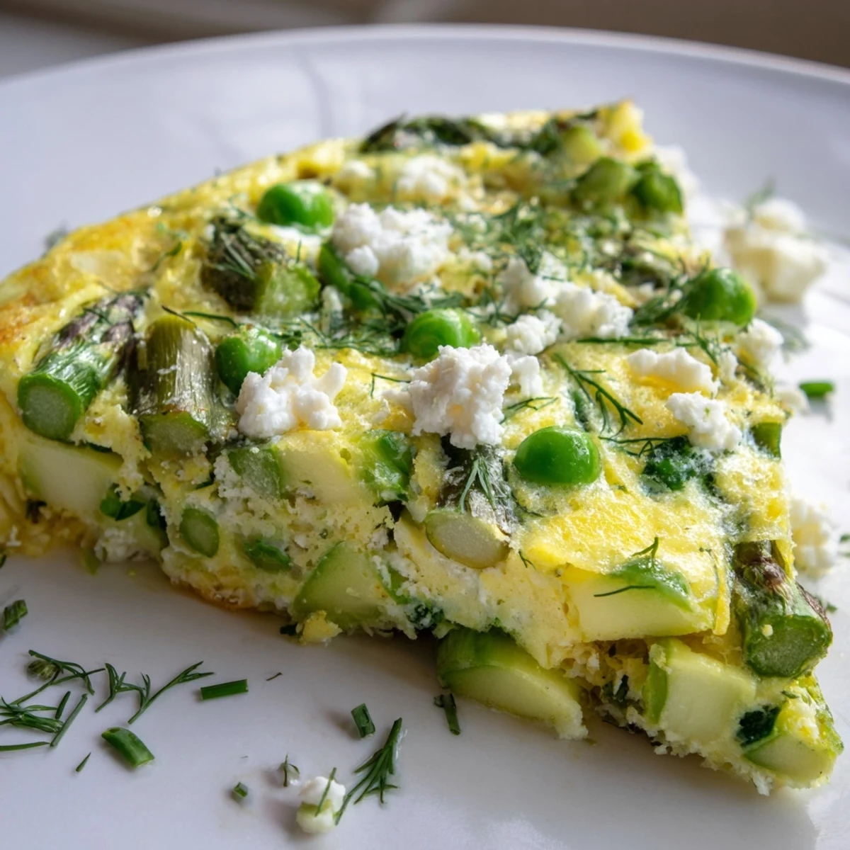 Savory Spring Vegetable Frittata with Herbs, topped with melted feta and fresh chives, served warm for a perfect brunch.  