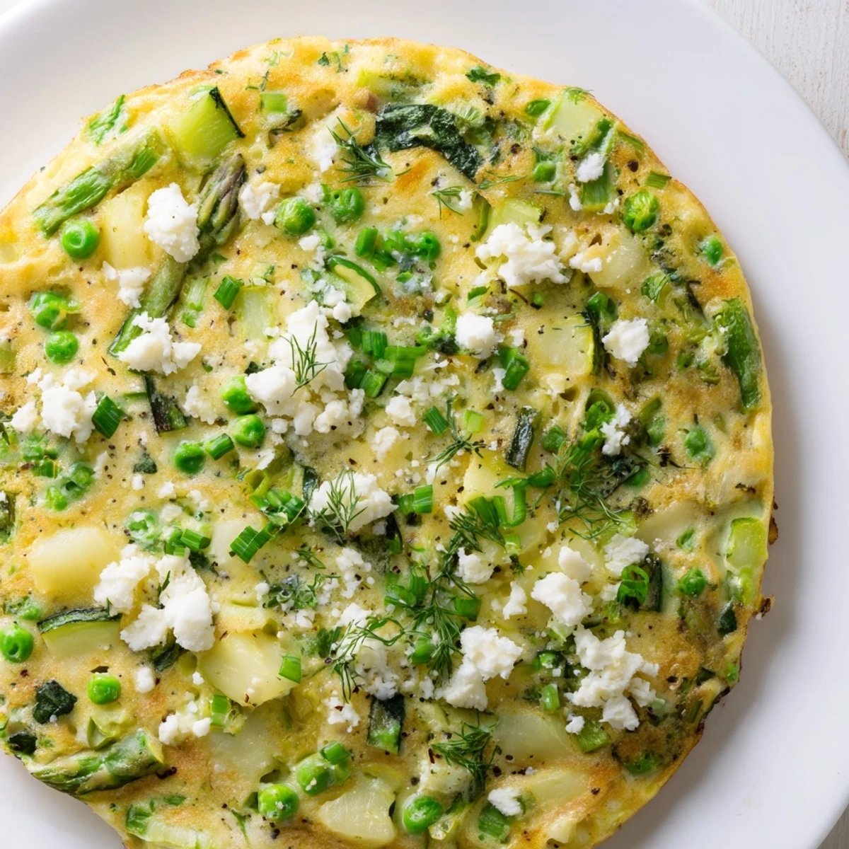 Fluffy Spring Vegetable Frittata with Herbs, featuring bright green zucchini and dill, sliced neatly on a rustic wooden board.