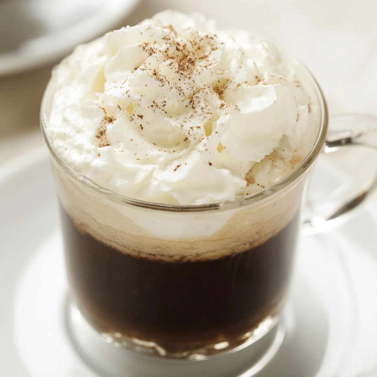 A close-up of Irish Coffee Mocktail with Whipped Cream, nutmeg dusted on a fluffy, velvety cloud.