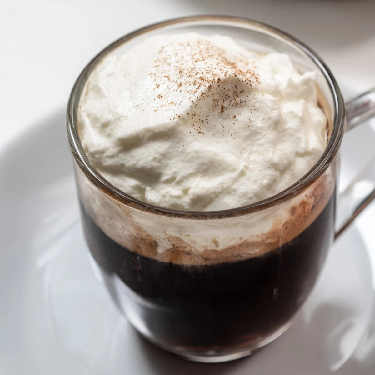 Rich Irish Coffee Mocktail with Whipped Cream, steamy coffee and sweet cream topping with cocoa garnish.