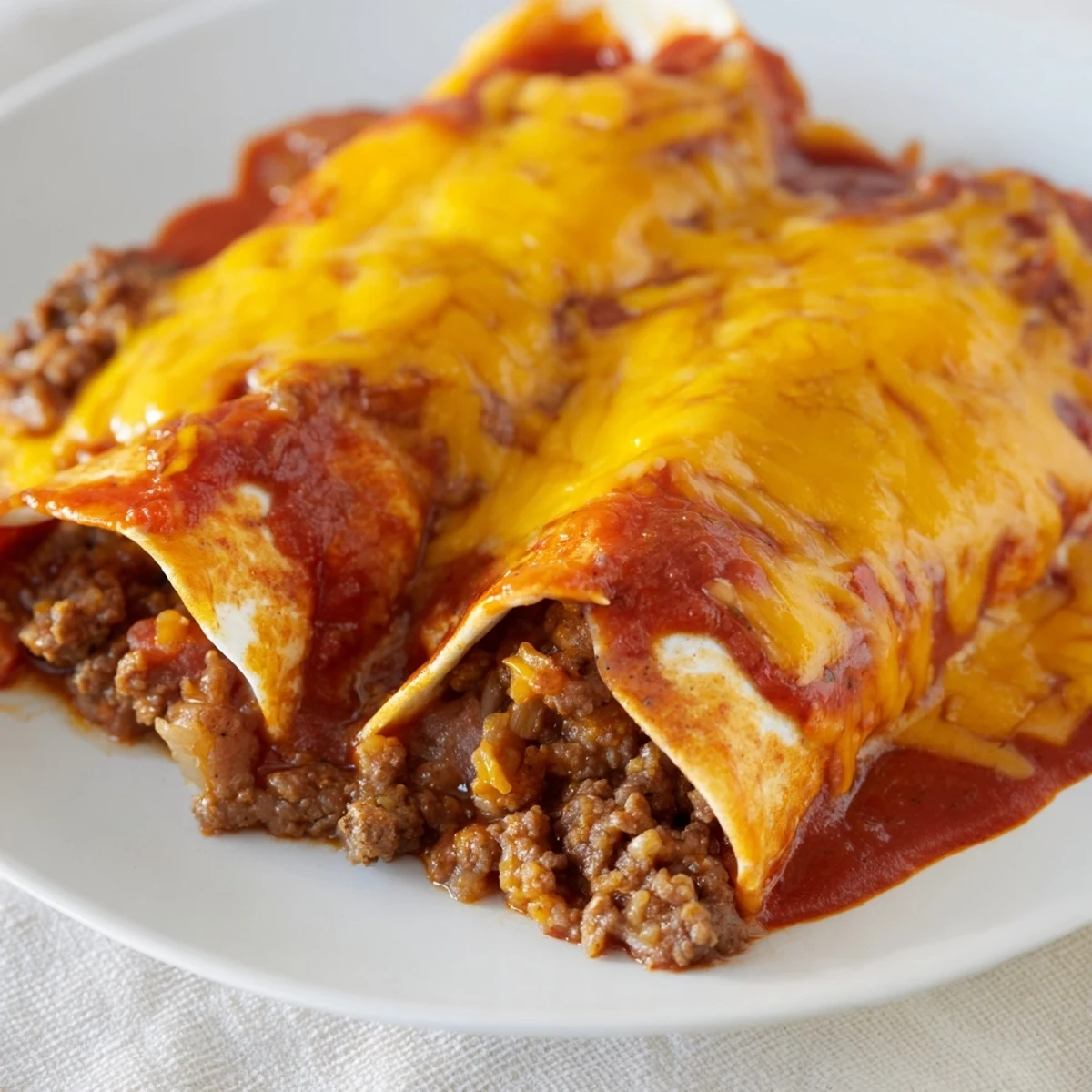 Tender ground beef filling in soft corn tortillas, smothered in rich homemade red enchilada sauce and melted cheese for a cozy meal.