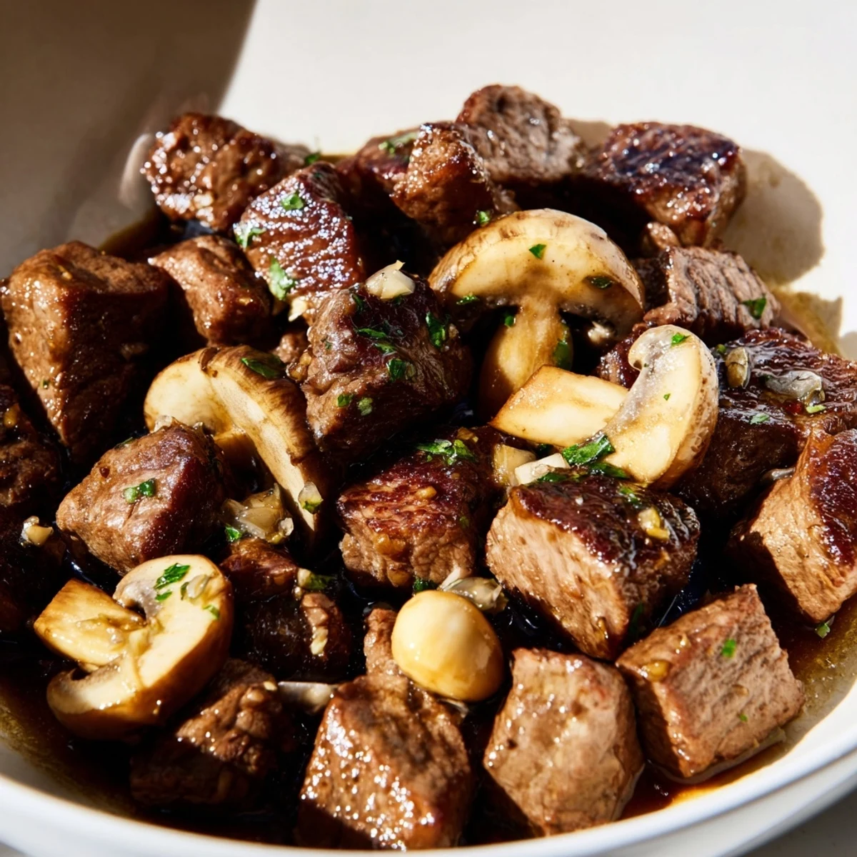 Savory Garlic Butter Steak Bites with Mushrooms served hot alongside creamy mashed potatoes for dinner.