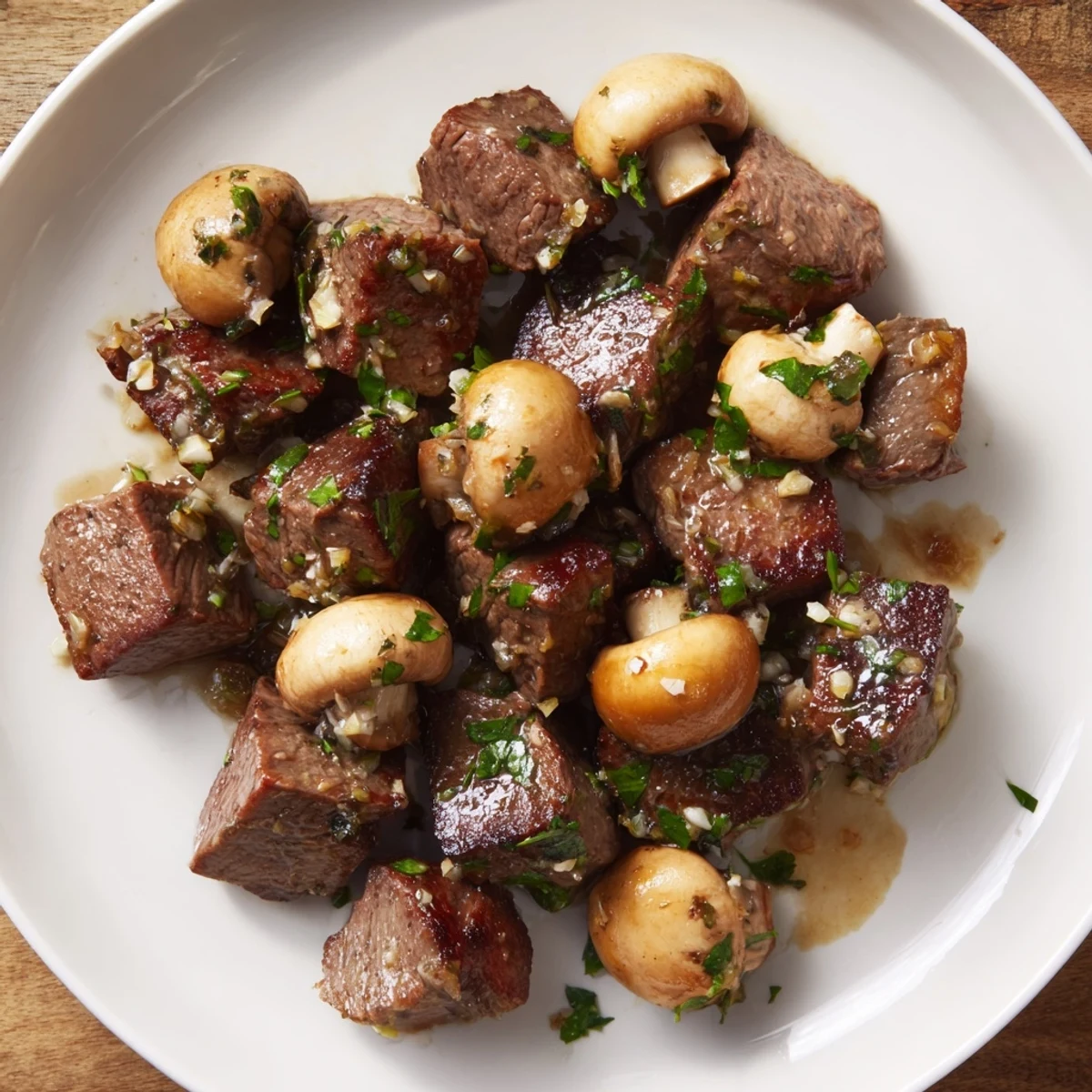 Golden-brown Garlic Butter Steak Bites with Mushrooms tossed in garlic butter on a white platter.