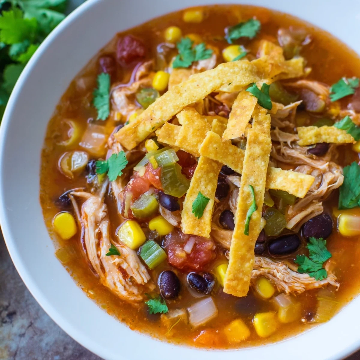 A steaming bowl of Chicken Tortilla Soup with Crispy Strips, topped with fresh cilantro and diced avocado.  