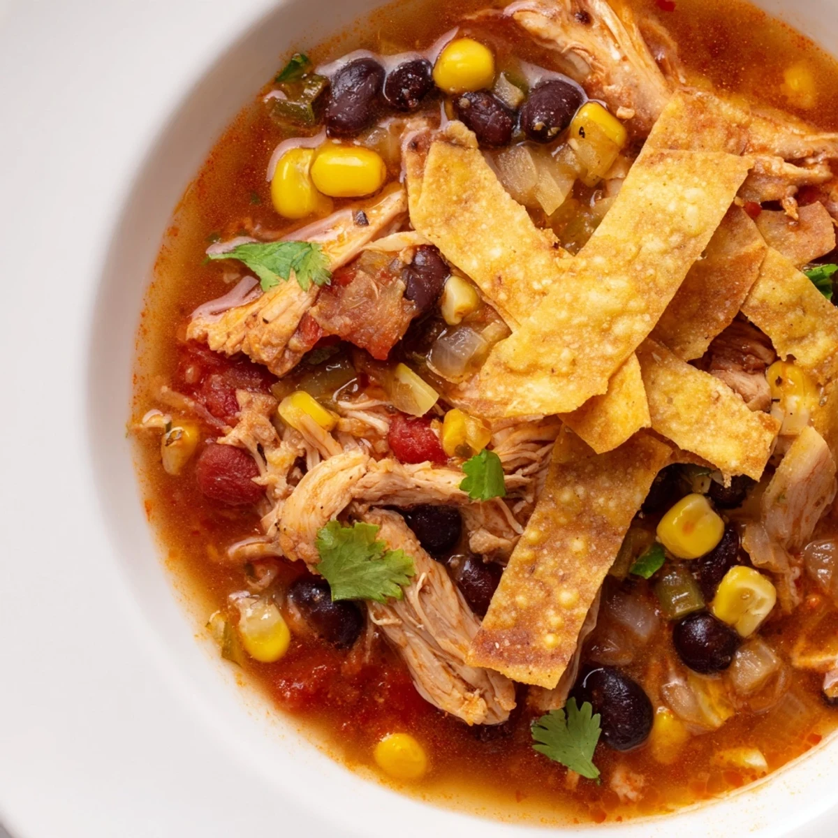 Close-up of golden homemade tortilla strips piled high on a colorful Chicken Tortilla Soup with Crispy Strips.  