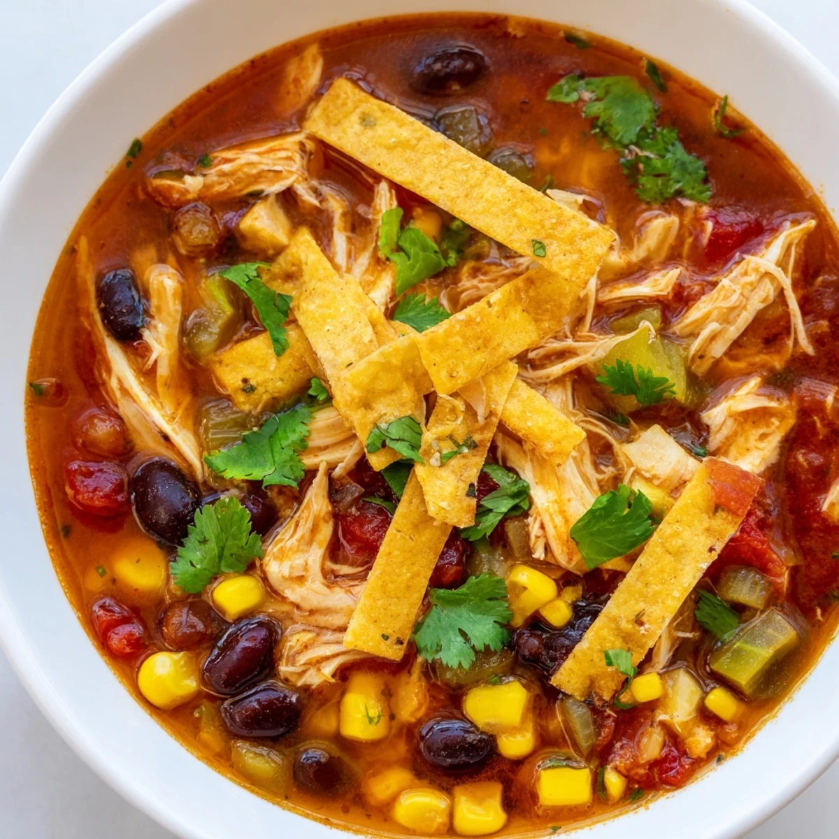 Vibrant Mexican-inspired Chicken Tortilla Soup with Crispy Strips served with lime wedges for squeezing.