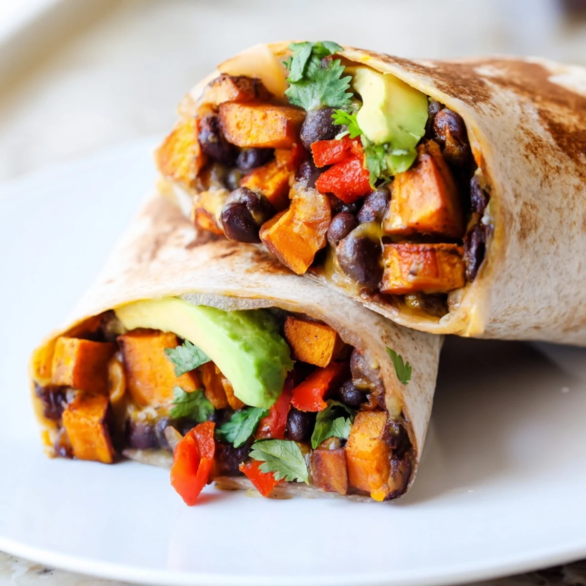Golden roasted sweet potatoes and black beans fill these hearty burritos, topped with fresh cilantro and avocado slices.