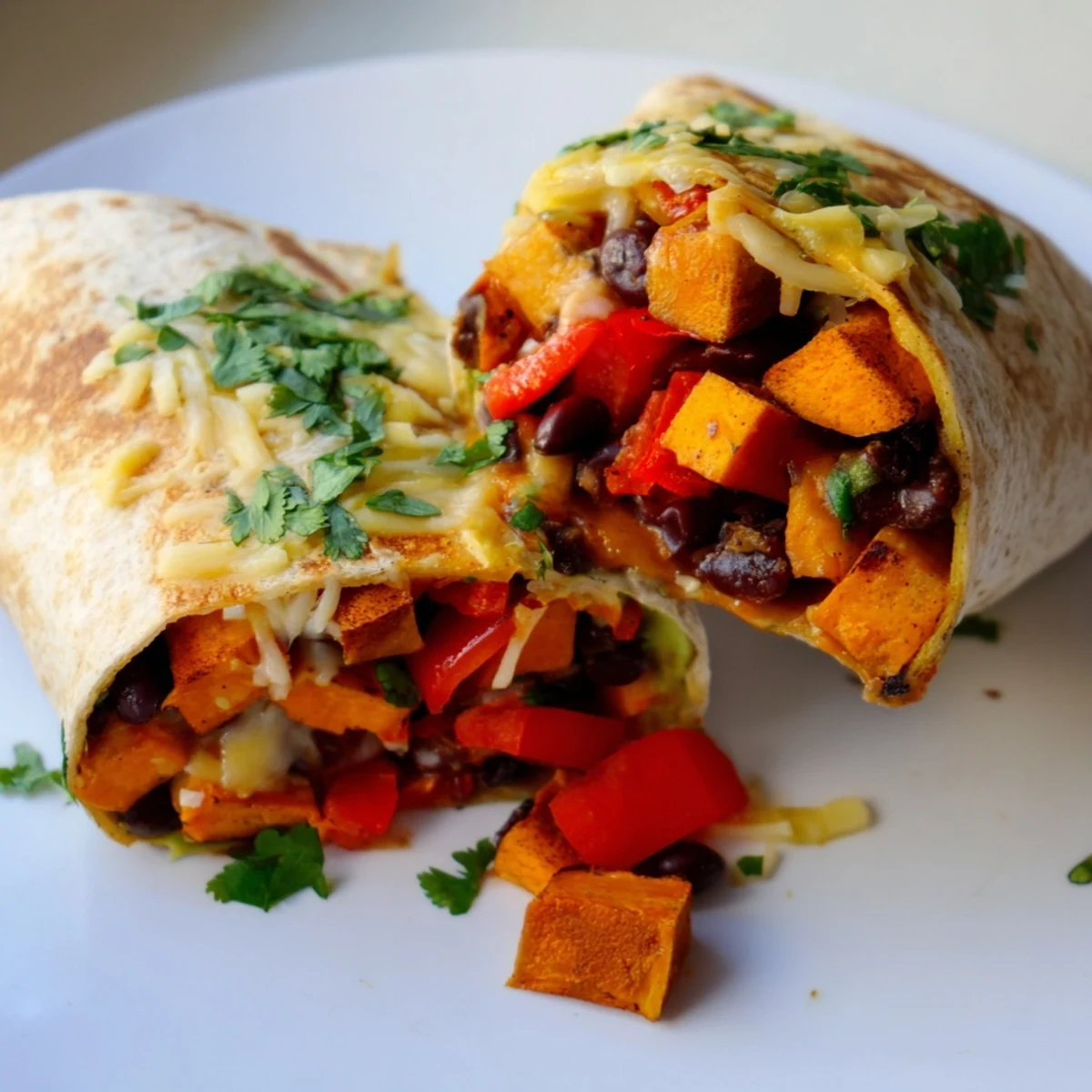 A close-up of Roasted Sweet Potato and Black Bean Burritos wrapped in warm flour tortillas with lime wedges.