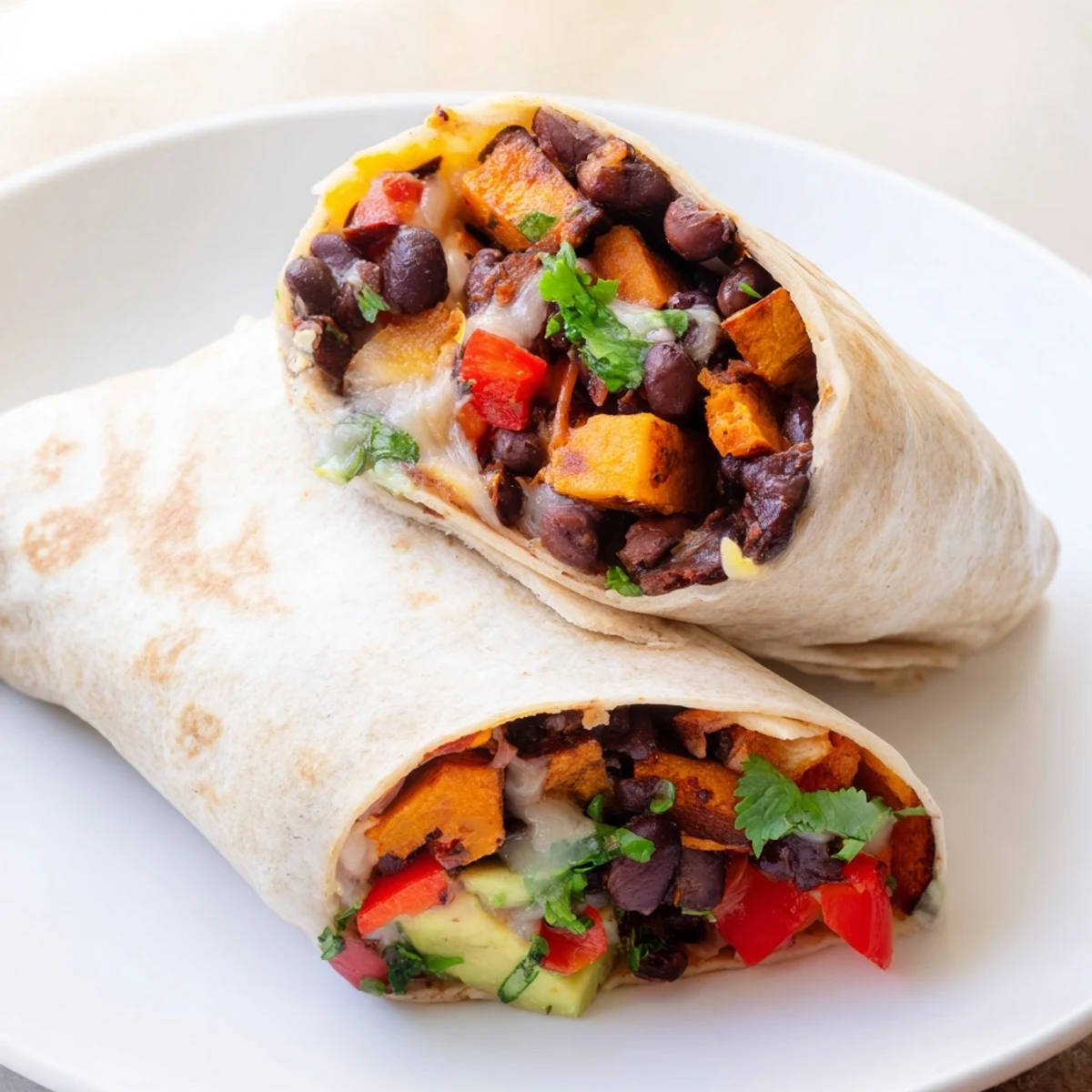 Spiced vegetarian Roasted Sweet Potato and Black Bean Burritos served on a rustic plate with melted cheese and salsa.