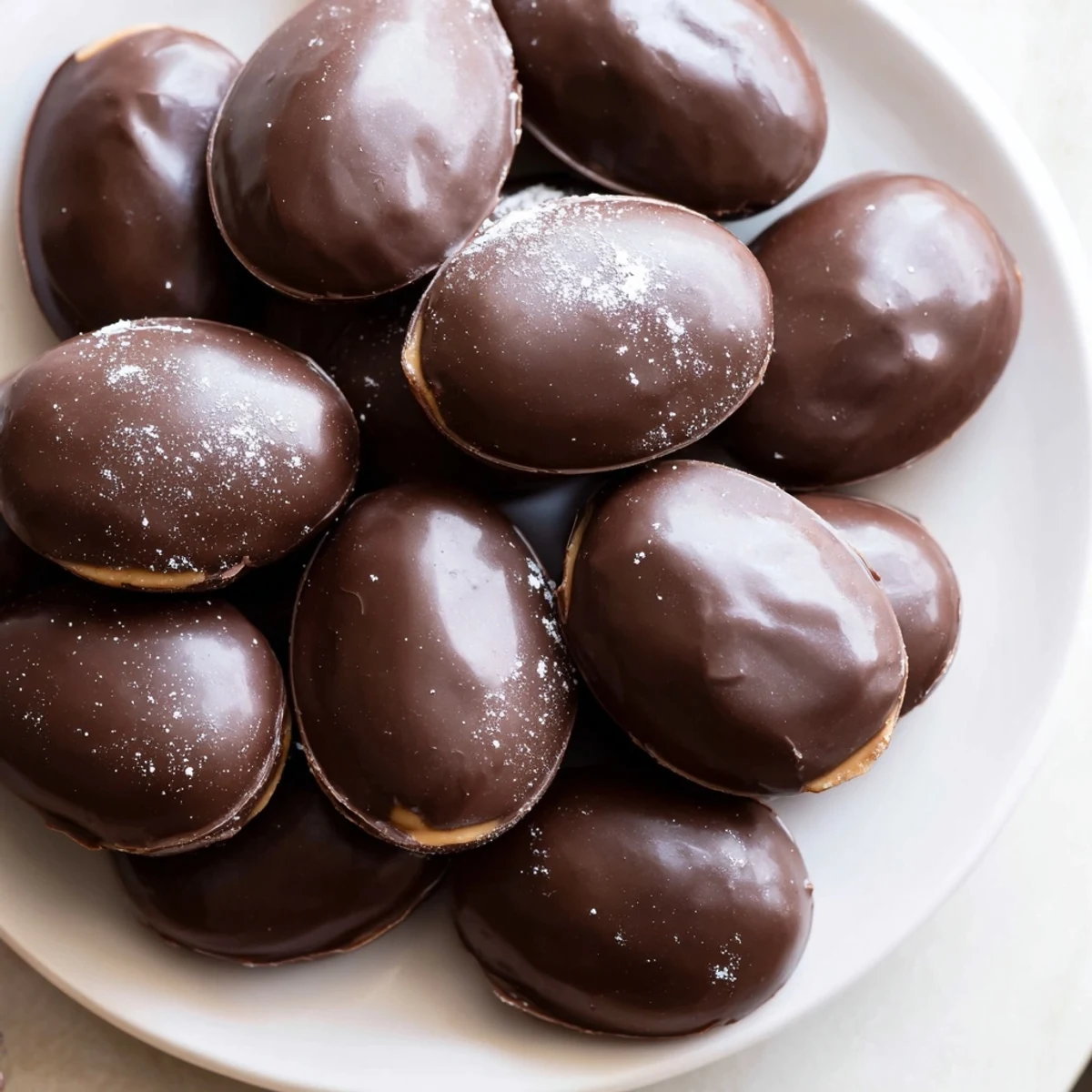 Rich, homemade Chocolate Peanut Butter Eggs are arranged neatly on a cooling rack for serving.