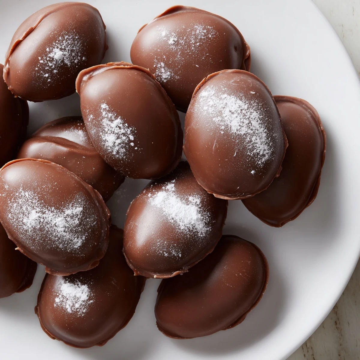 A close-up of Chocolate Peanut Butter Eggs showcasing their glossy chocolate coating and irresistible filling.