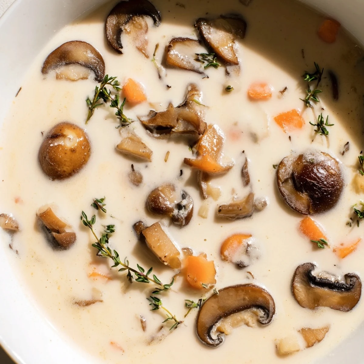 Creamy Mushroom Soup with Thyme in a rustic bowl, steam rising beside crusty bread and fresh parsley garnish.