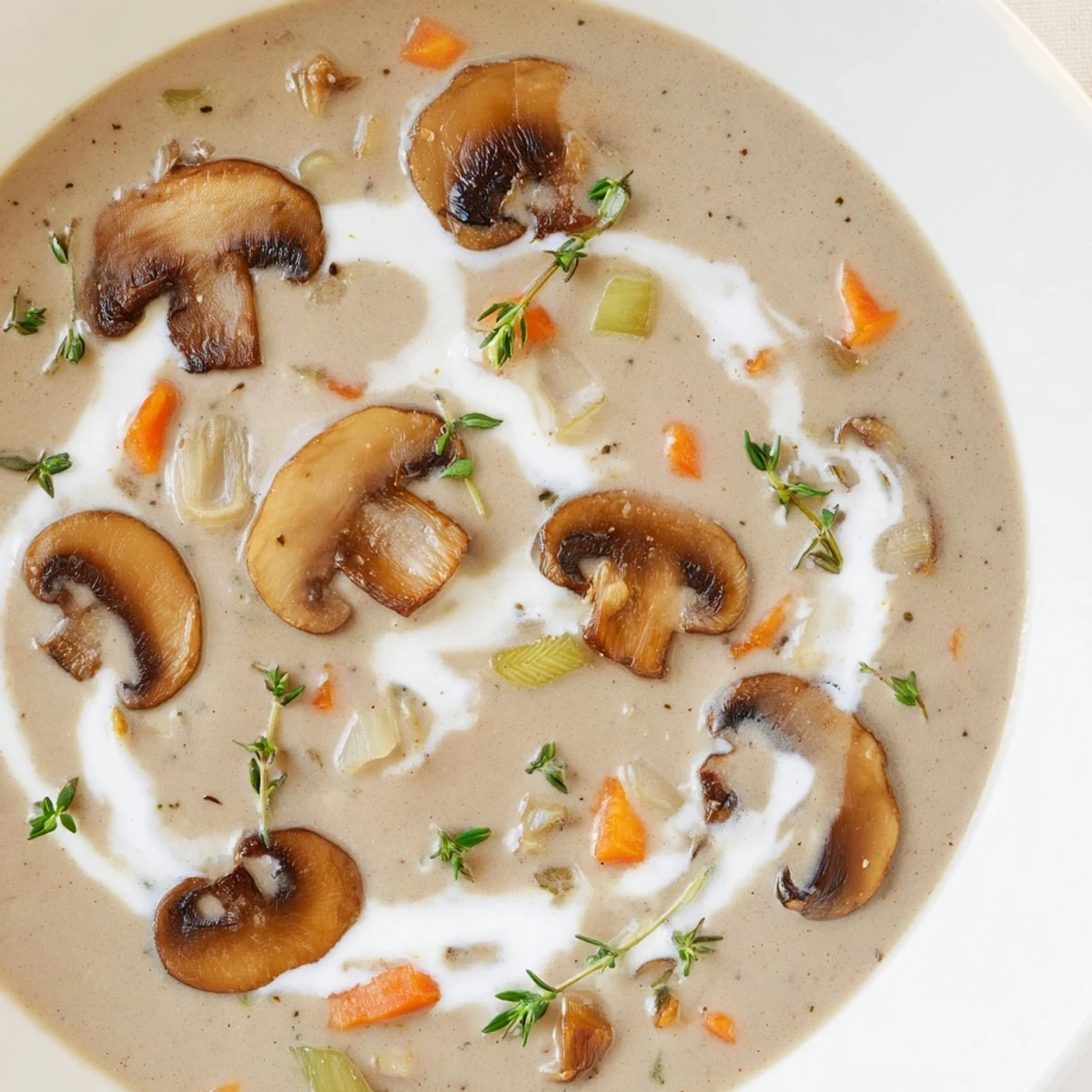 Silky Creamy Mushroom Soup with Thyme pours from a pot, thyme sprigs and sautéed mushrooms visible on top.