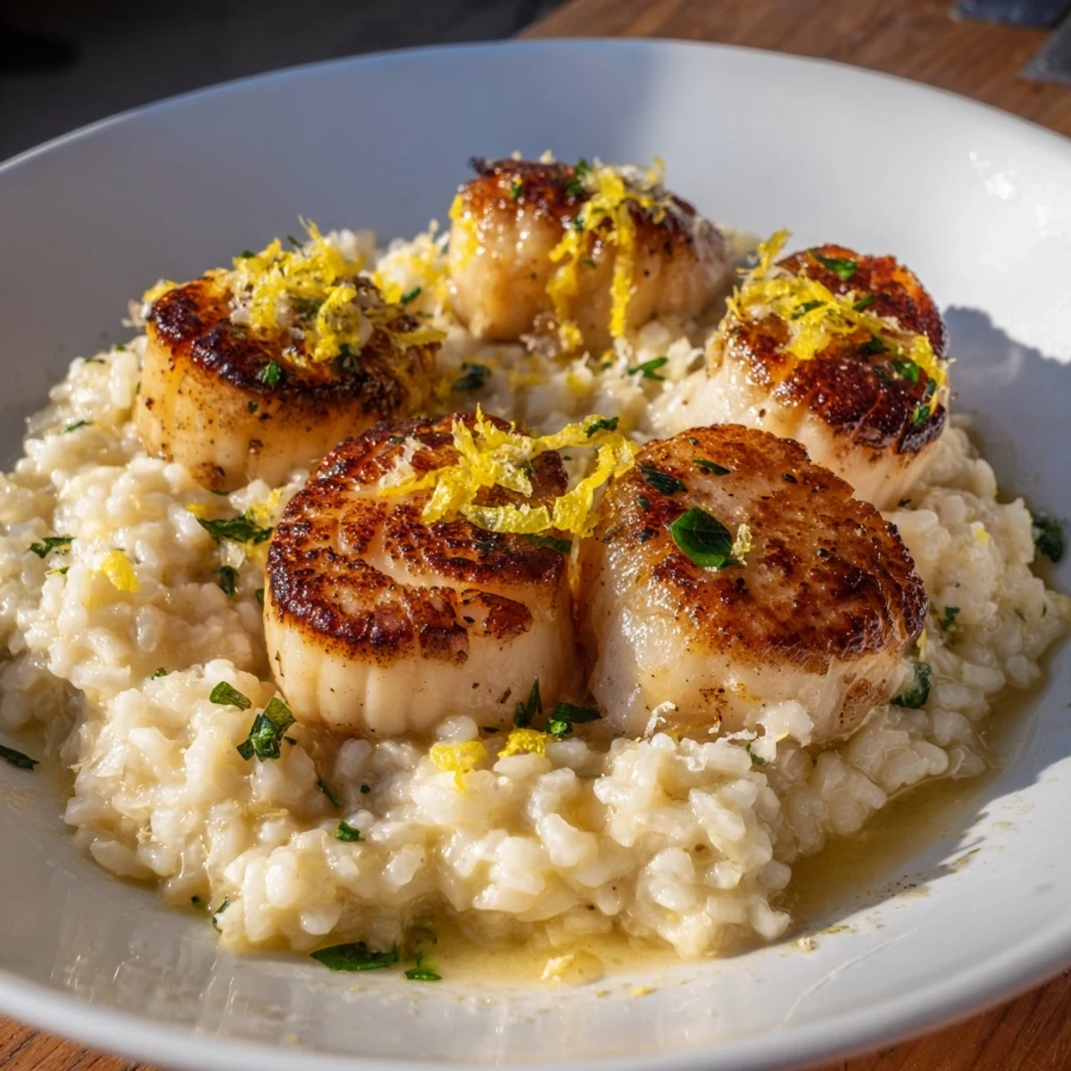 Golden seared scallops with lemon and garlic rest atop a creamy bed of parmesan risotto, garnished with fresh parsley.
