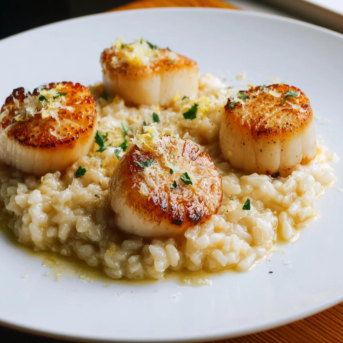 A close-up view of Lemon Garlic Scallops with Risotto, showcasing tender seafood and glistening pan juices over warm Italian rice.