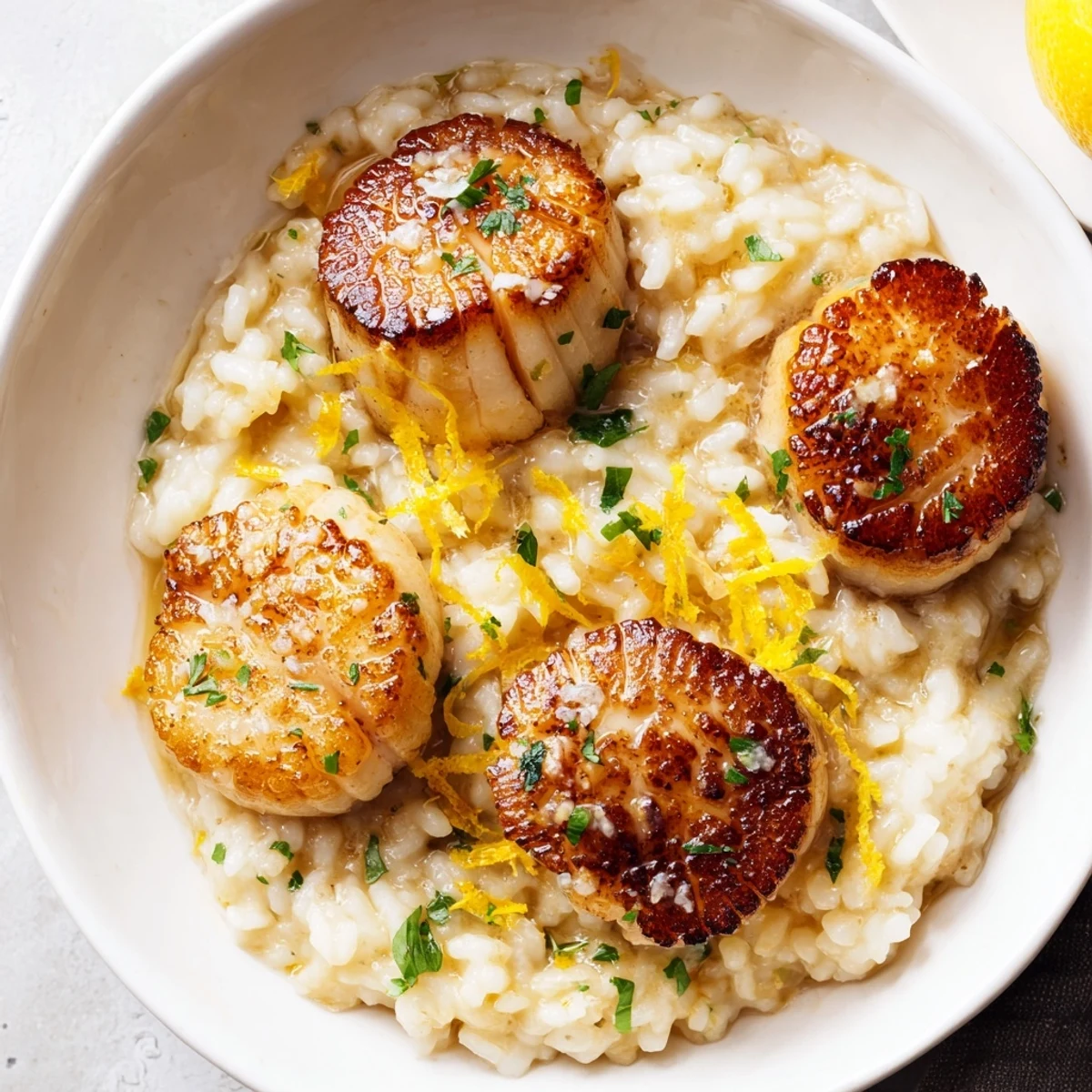 Lemon Garlic Scallops with Risotto served elegantly on a white plate, highlighting the golden crust and rich, velvety texture.