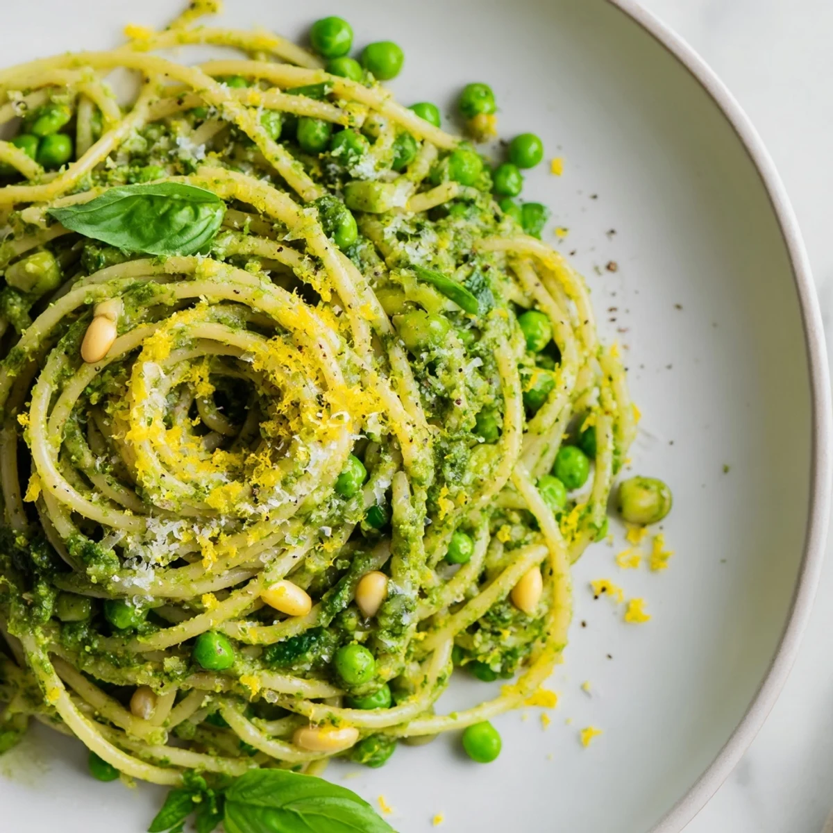 Spring pea and mint pesto pasta twirled on a fork with bright green sauce and fresh peas.