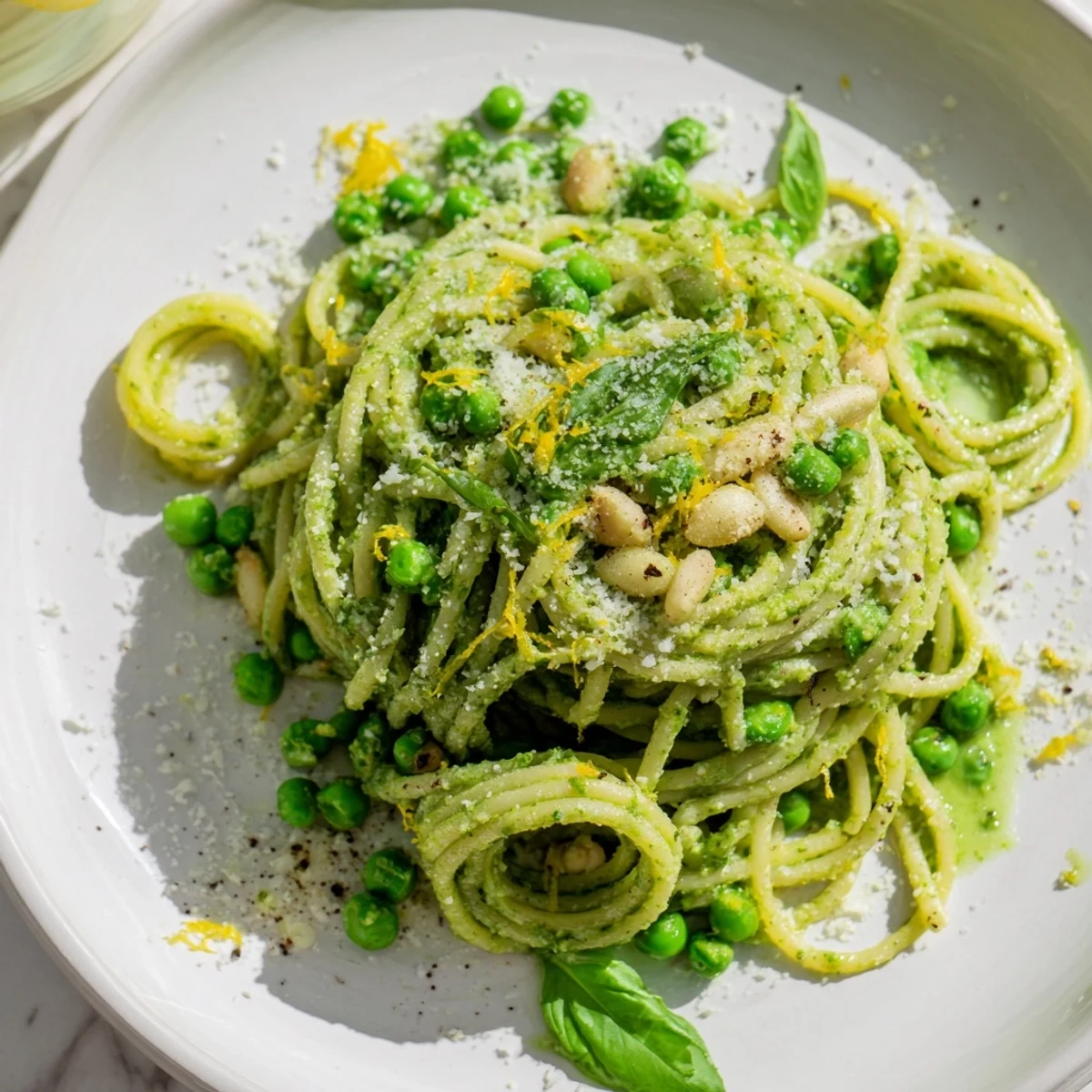 Close-up of spring pea and mint pesto pasta tossed with extra peas and olive oil on a rustic plate.