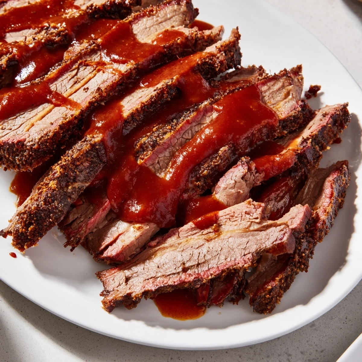 Succulent Slow Cooked Beef Brisket with BBQ Sauce rests on a wooden board, sliced and glistening under soft light.