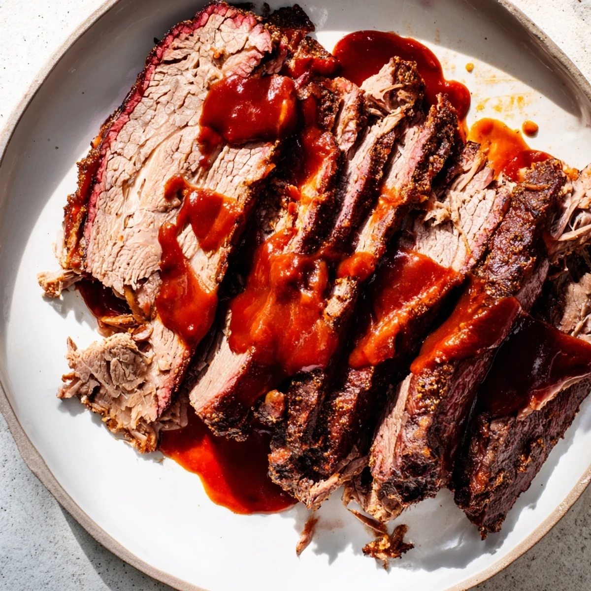 Tender Slow Cooked Beef Brisket with BBQ Sauce is piled on a plate beside pickles and soft sandwich buns.