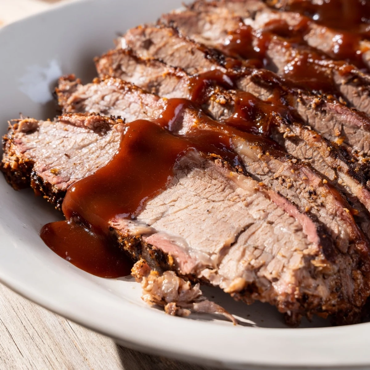 Slow Cooked Beef Brisket with BBQ Sauce drizzled with extra sauce sits on a cutting board with onions nearby.