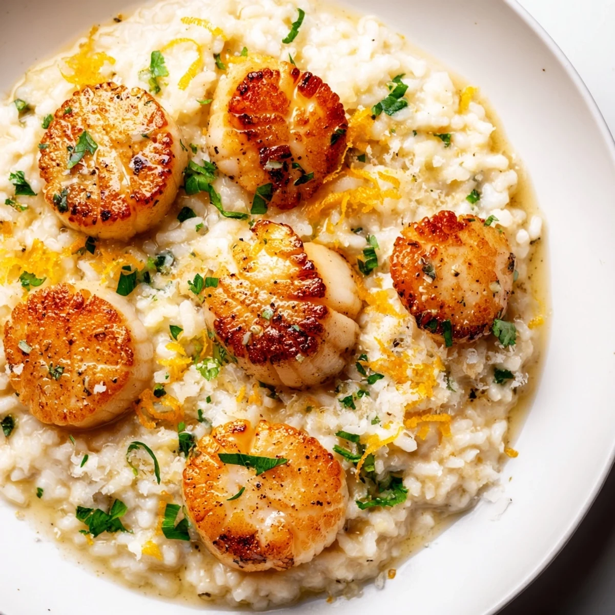 Golden-brown Lemon Garlic Scallops resting on a bed of creamy risotto in a white dish.