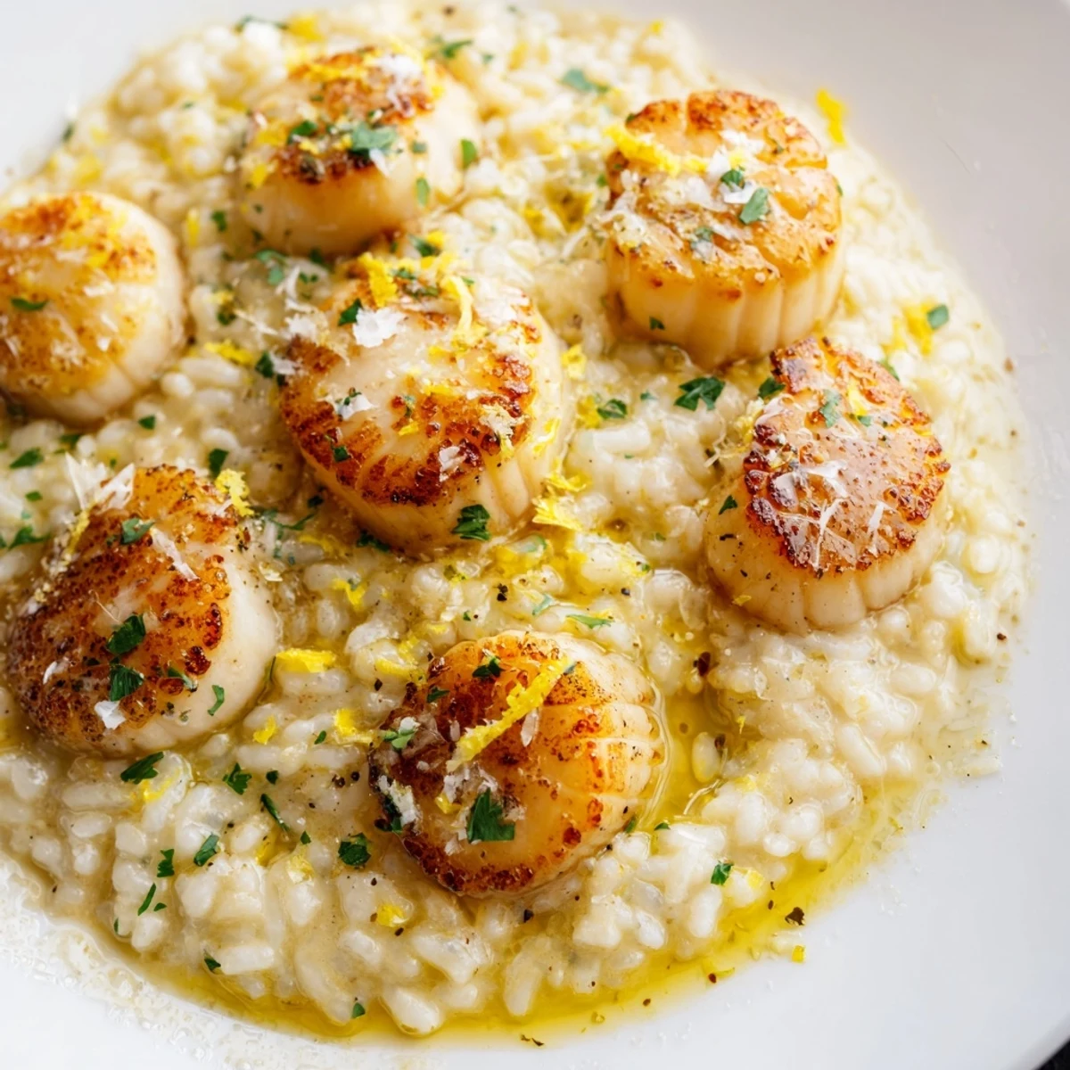 Tender seared scallops with lemon and garlic garnished with parsley over creamy risotto on a plate.