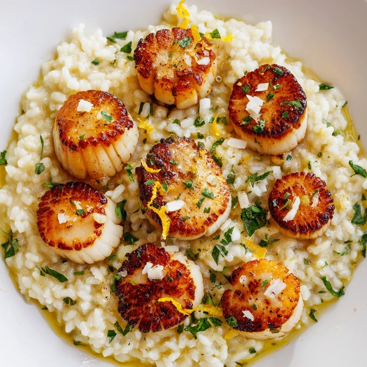 A close-up of Lemon Garlic Scallops with Creamy Risotto featuring a drizzle of lemon butter sauce.