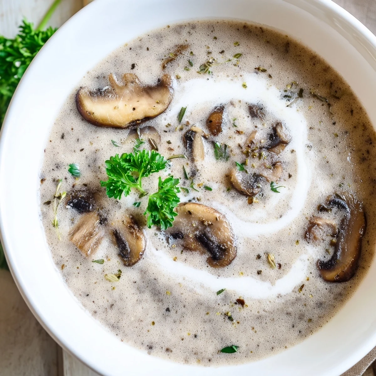 Creamy Mushroom Soup with Fresh Thyme in a rustic bowl, garnished with parsley and served beside crusty bread.  
