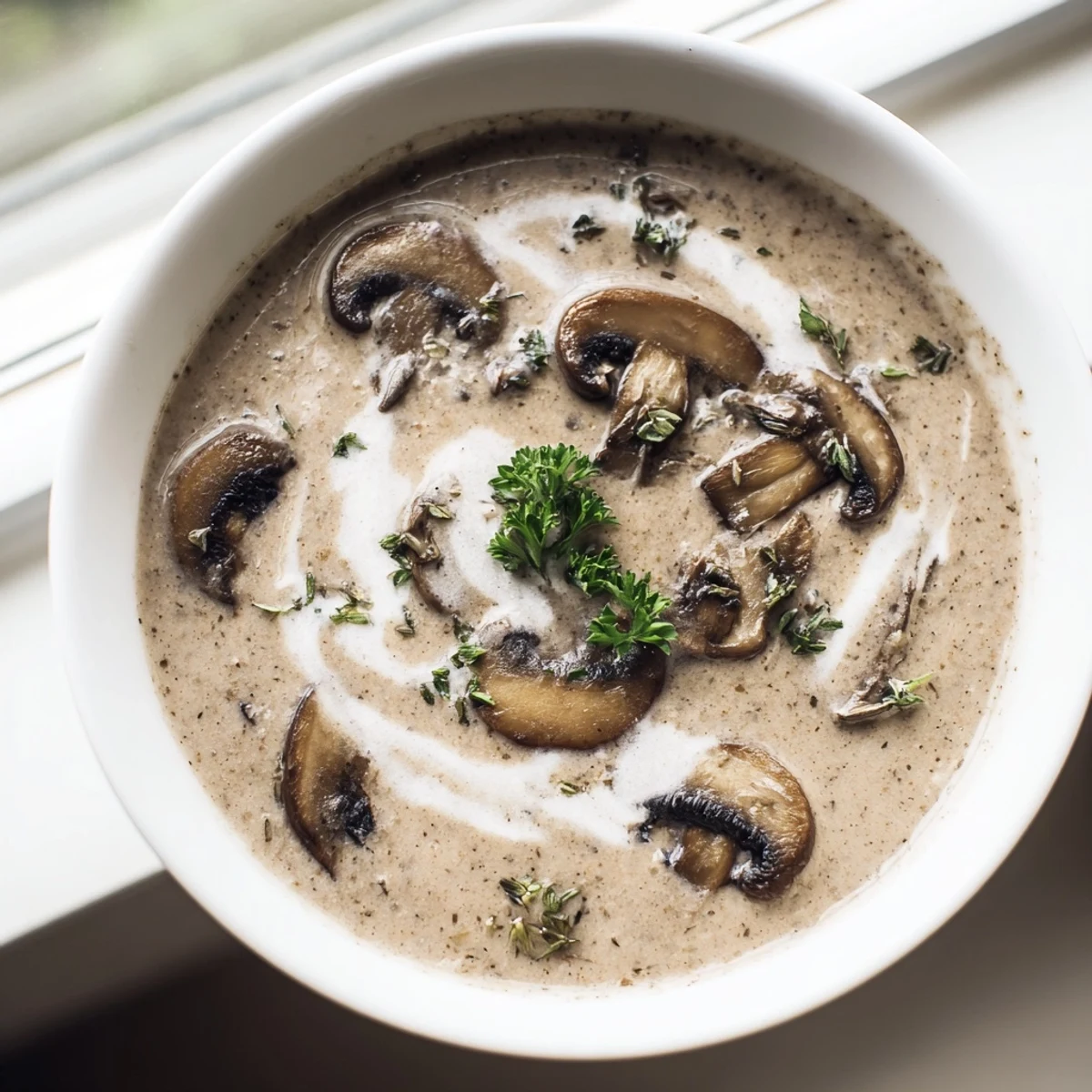 Steaming bowl of Creamy Mushroom Soup with Fresh Thyme, rich with sautéed mushrooms and a swirl of cream.  
