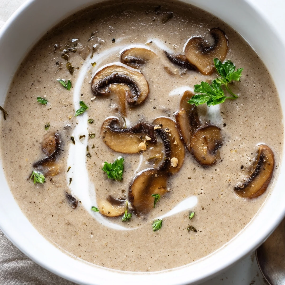 Close-up of Creamy Mushroom Soup with Fresh Thyme in a white bowl, thyme sprig garnish and soft lighting.