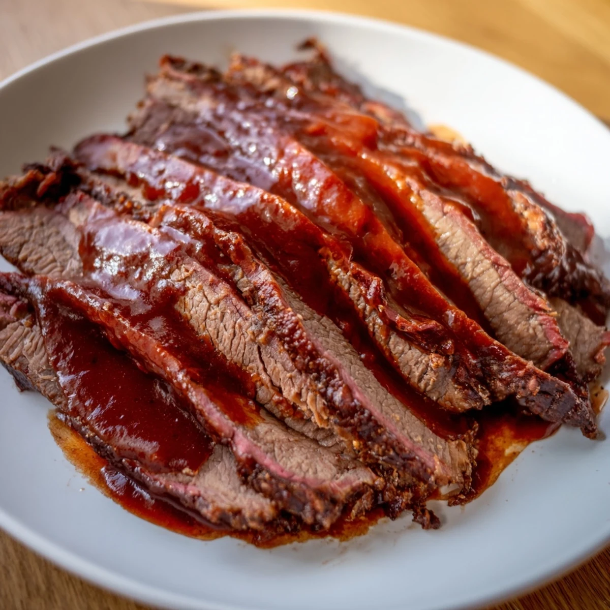 Tender slow cooked beef brisket with smoky BBQ sauce, sliced and glistening on a wooden board.