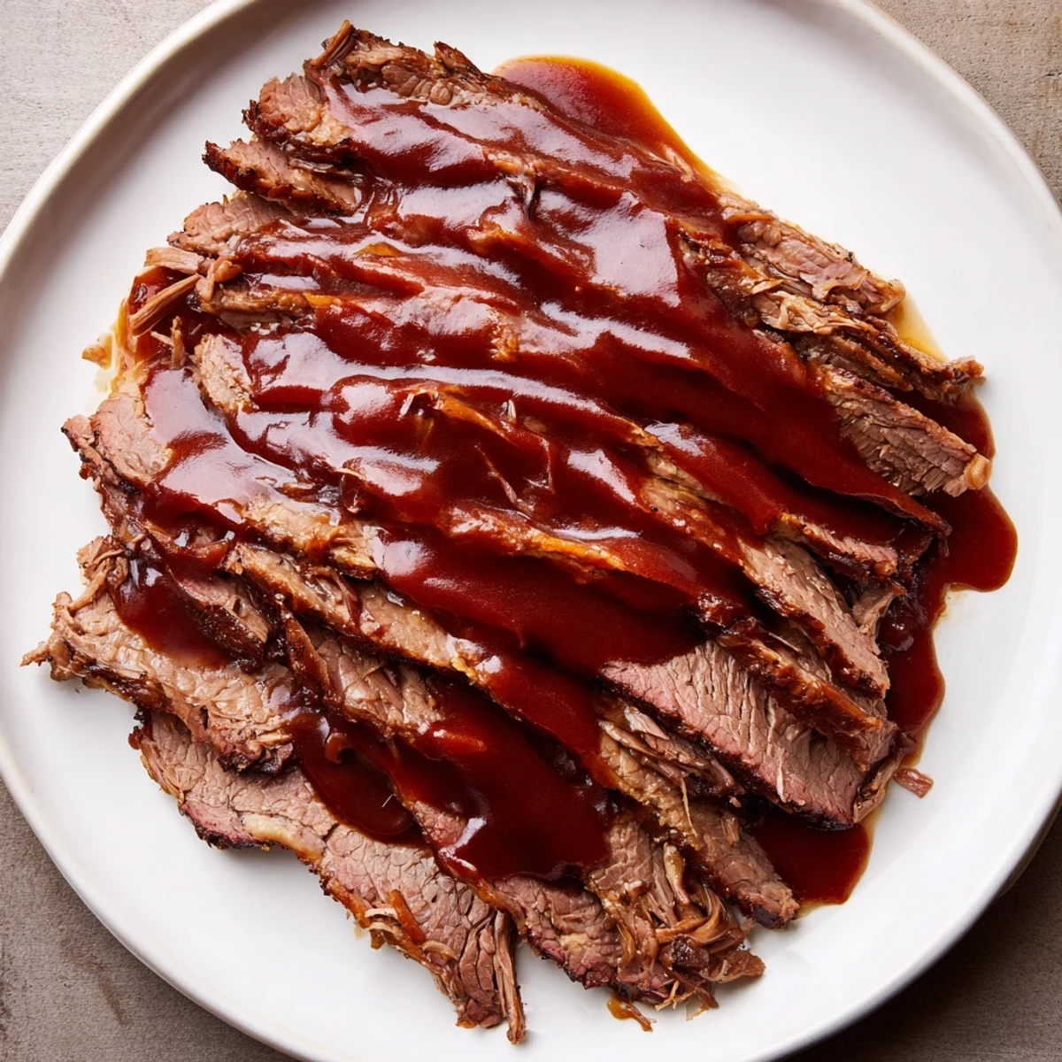 Shredded slow cooked beef brisket with smoky BBQ sauce piled high on a soft bun, ready to eat.