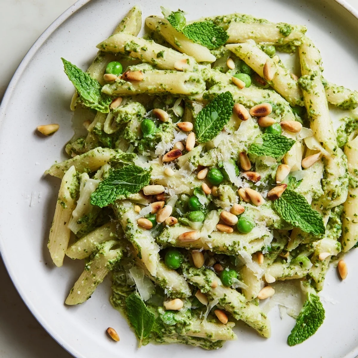 Bright Spring Pea and Mint Pesto Pasta with Pine Nuts tossed in a creamy sauce served on a white plate with fresh basil leaves.